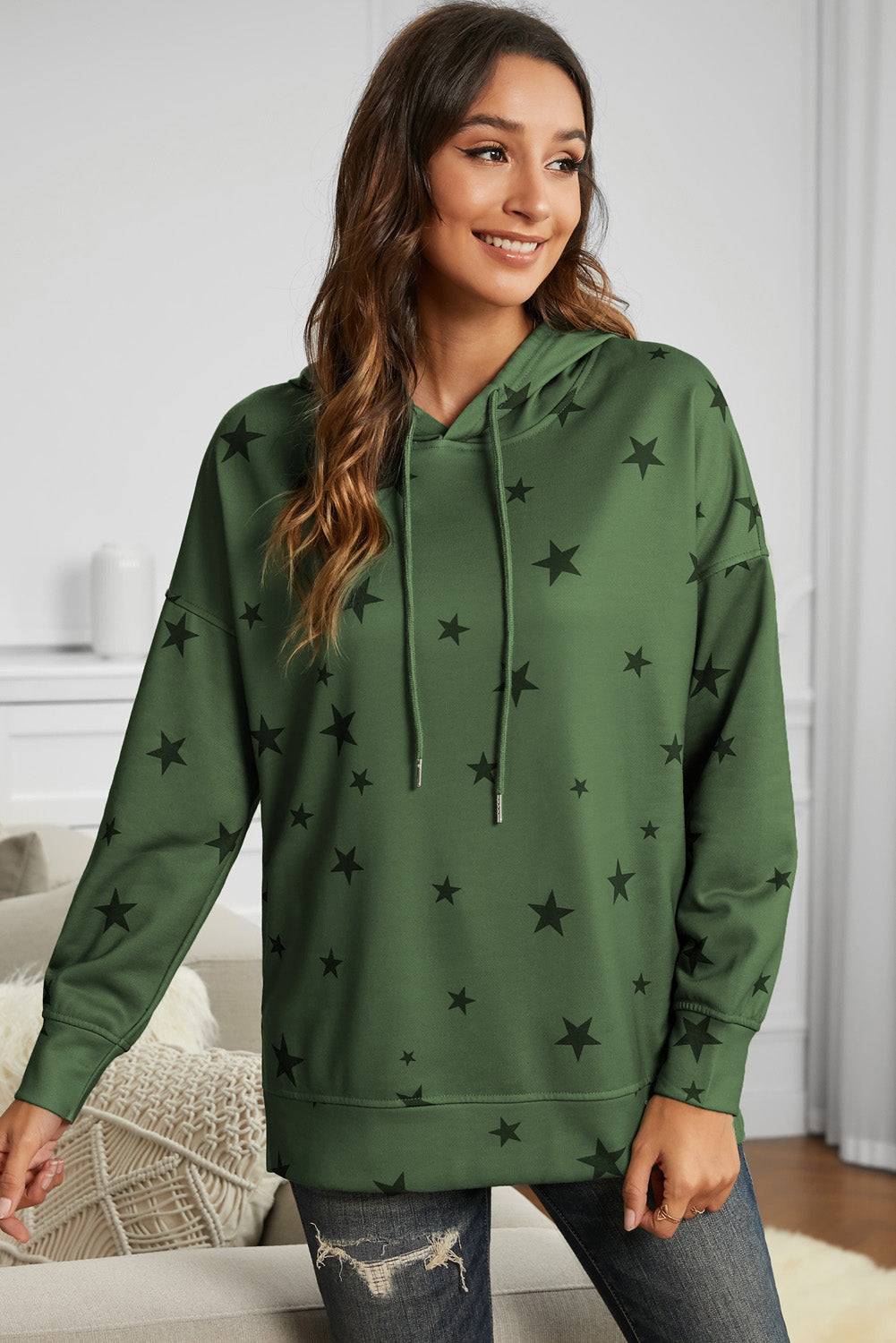 Star Print Drawstring Detail Hoodie